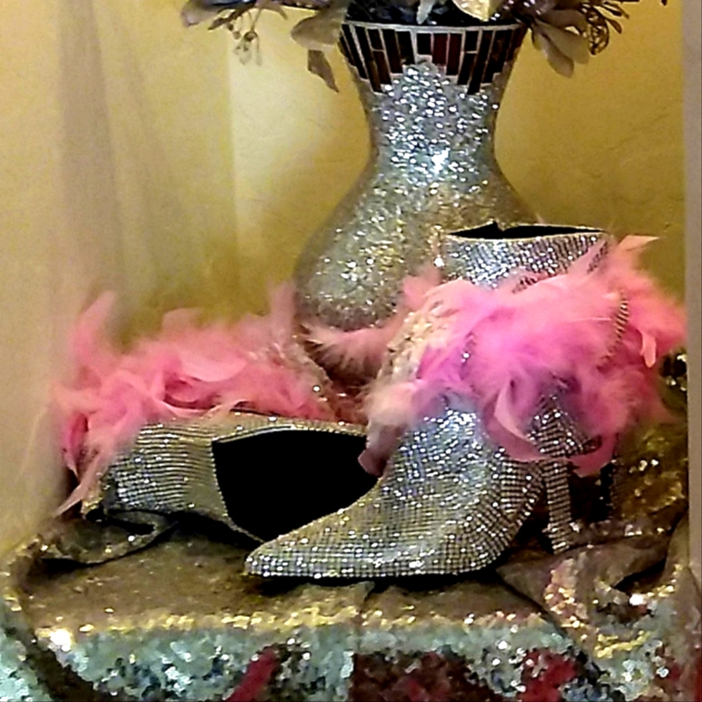 Silver, Pink & White Feather Lace Crystal Diamante Wedding Ankle Booties